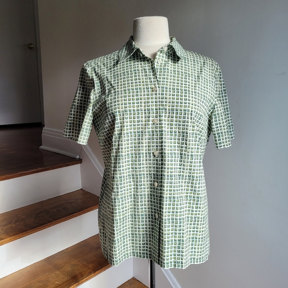 TORY BURCH Ruthie Green Checkered Short Sleeve Button Down Shirt 12